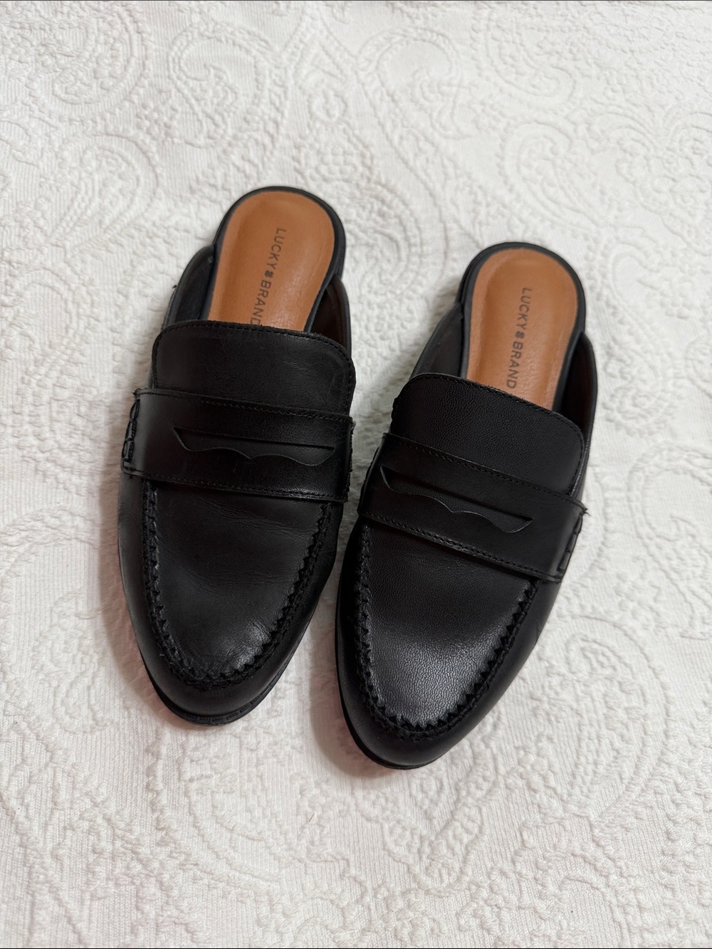 Lucky Brand Size 7.5M Black Leather Penny Loafer Mules